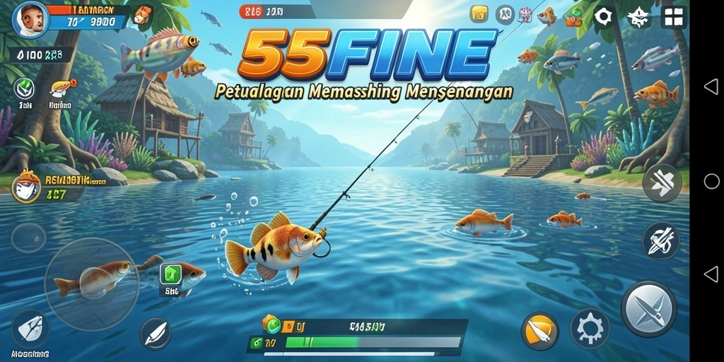 Tampilan gameplay 55FIVE yang menakjubkan saat memancing.