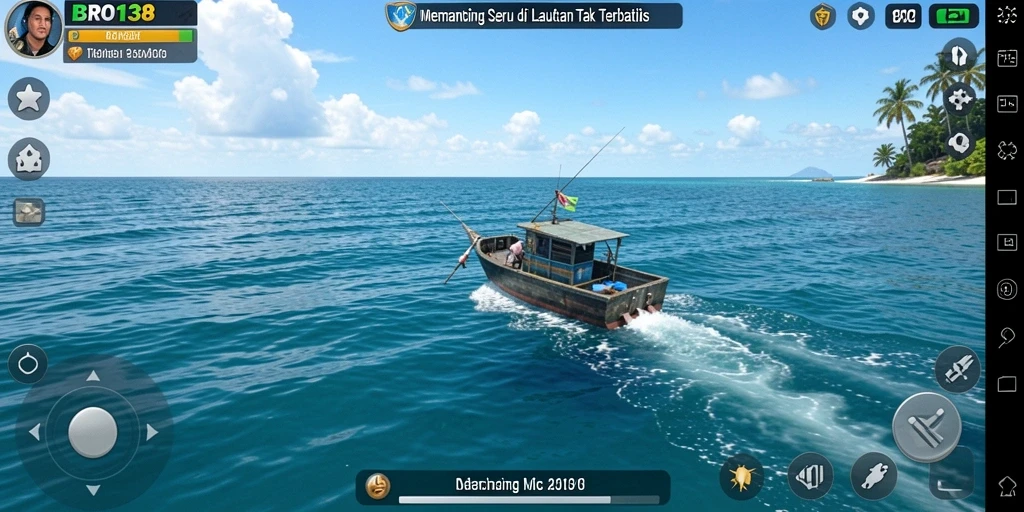 Tampilan gameplay BRO138 menunjukkan pemain menangkap ikan dengan alat pancing.