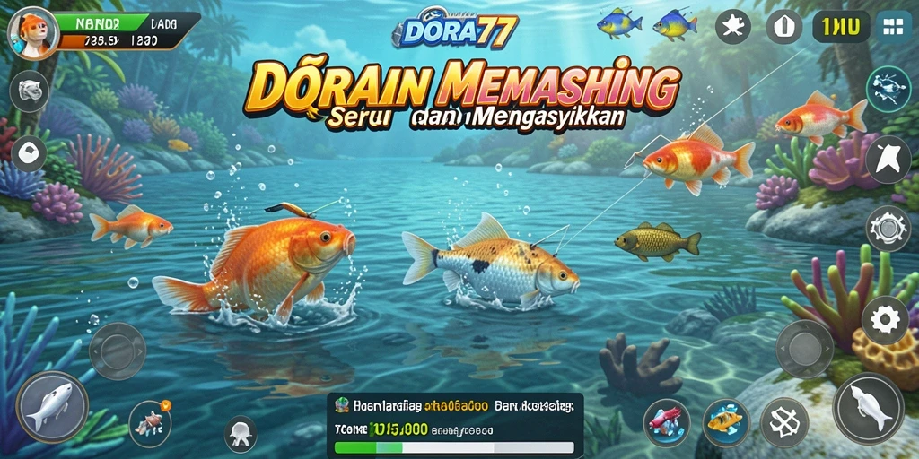 Screenshot gameplay DORA77 menunjukkan aksi memancing yang seru.