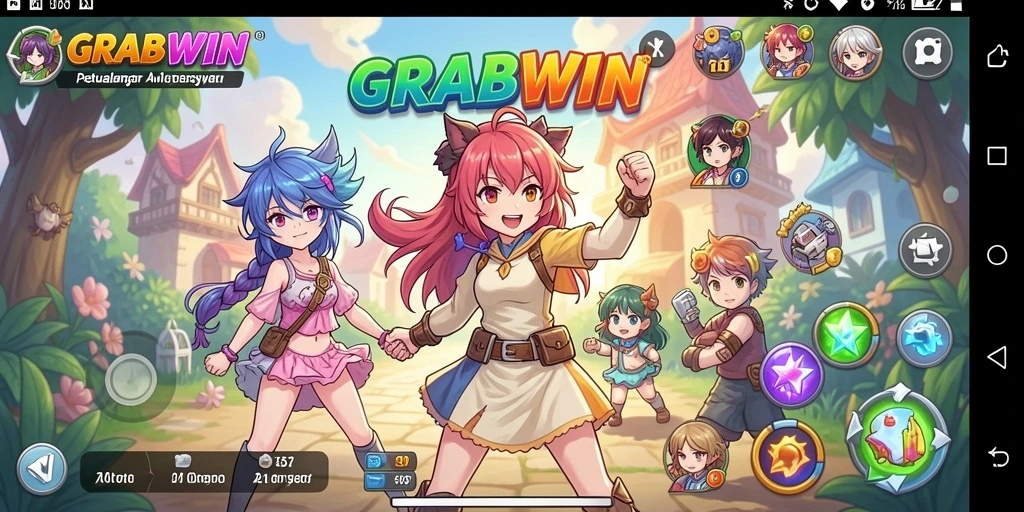 Screenshot utama GRABWIN menunjukkan karakter Anime dalam aksi.