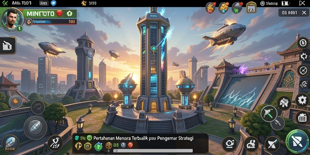 Screenshot gameplay MINTOTO dengan tampilan menara dan musuh dalam aksi.